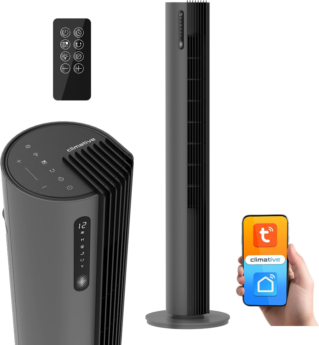 Turmventilator 110 cm PURE Plasma Ionisierung WiFi Tuya Smart Life, Energiesparender 30W DC-Motor, 12 Stufen, Timer, Standventilator sehr leise Ventilator mit Fernbedienung, Tower Fan Grau