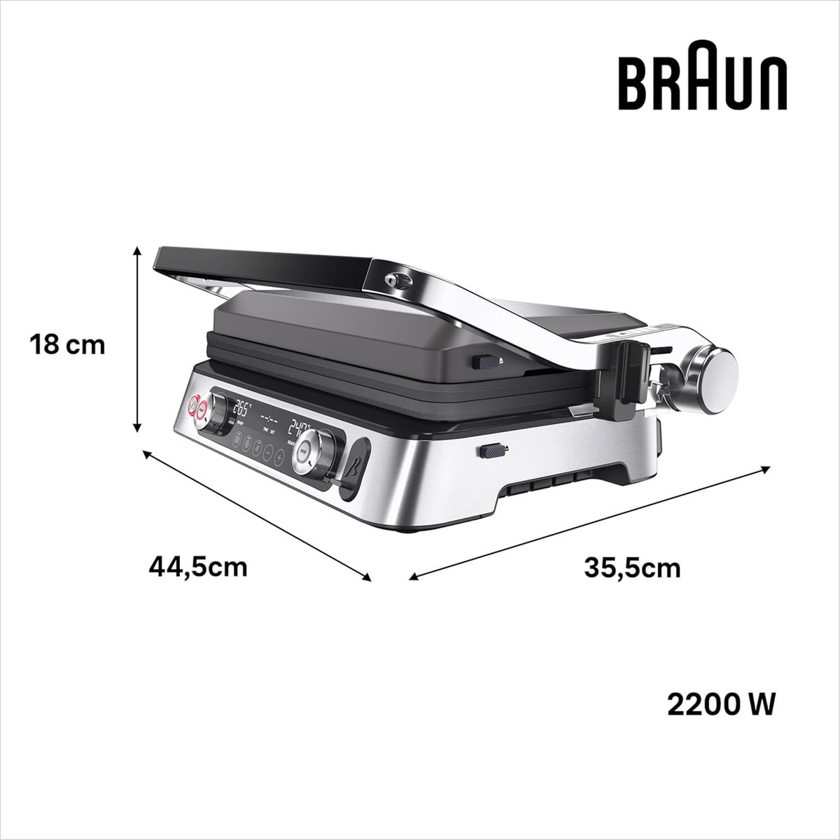 Braun MultiGrill 9 Pro CG 9160, Elektrogrill mit 2 unabhängigen Thermostaten, 3 Kochpositionen, spülmaschinenfeste Platten, integrierte Thermosonde, 2200 W, Schwarz/Edelstahl