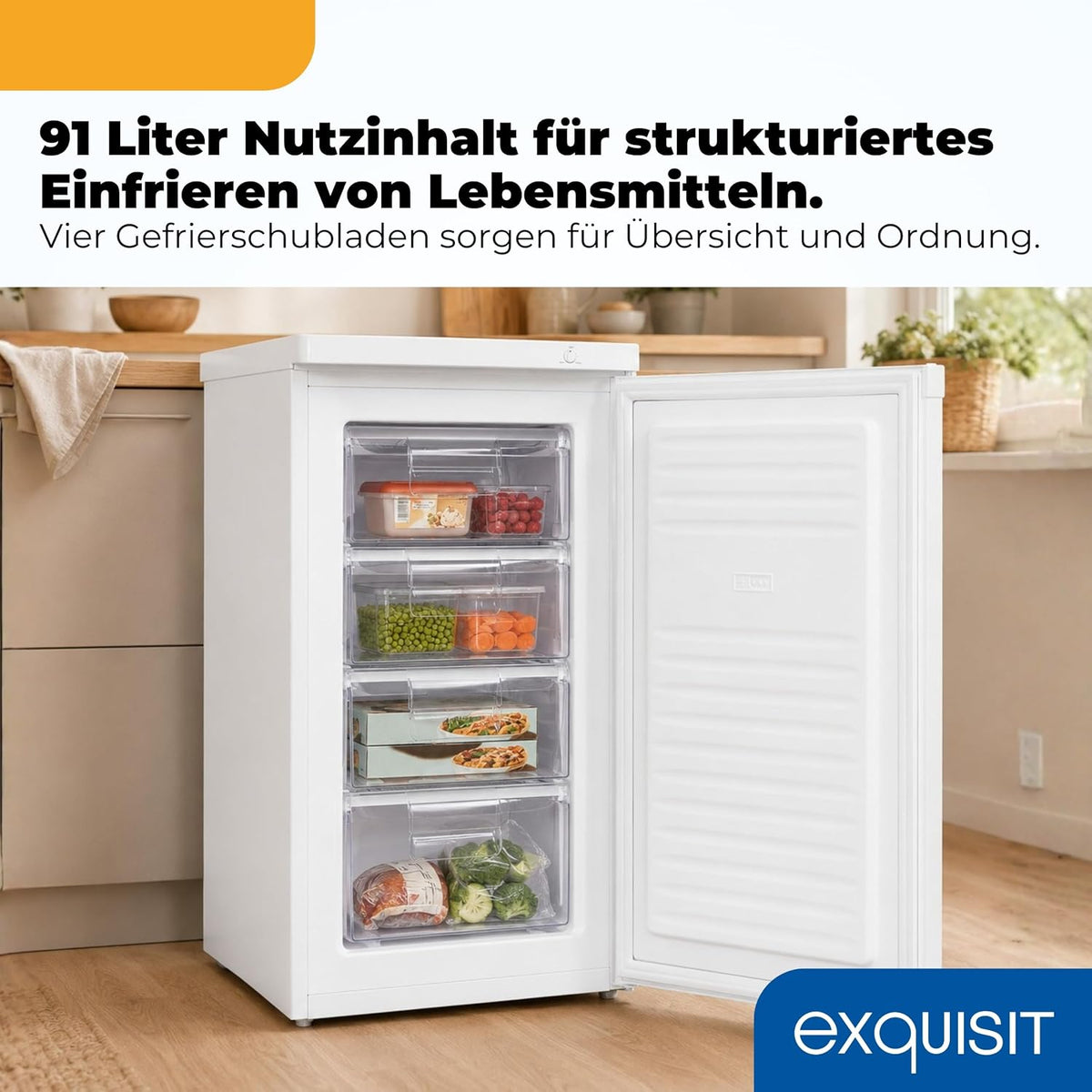 Exquisit Gefrierschrank | 91 l Nutzinhalt, Energieeffizienzklasse E, 40 dB(A) | kompakte Bauform, 4-Sterne-Gefrieren, manuelle Temperaturregelung, wechselbarer Türanschlag | GS512-040E weiss