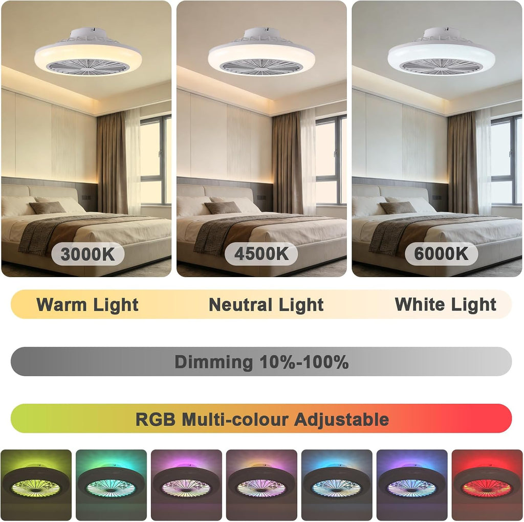 45cm Deckenventilator mit Beleuchtung Leise, LED RGB Deckenleuchte mit Ventilator und Fernbedienung Dimmbar, 6 Windstufen Reversibel, APP Timer mit Integrierter Lautsprecher für Schlafzimmer