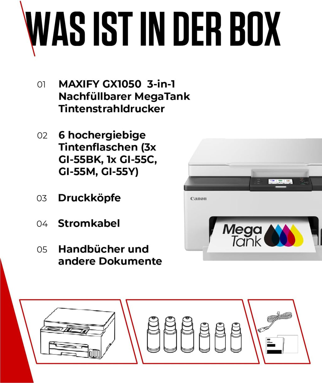 Canon MAXIFY GX1050 Tintenstrahldrucker 3-in-1 Multifunktionsdrucker MegaTank (Drucker, Scanner, Kopierer, WLAN, Cloud, Duplexdruck, 250 Blatt Kassette, Tintentank) Enthält 6 x Tintenflaschen