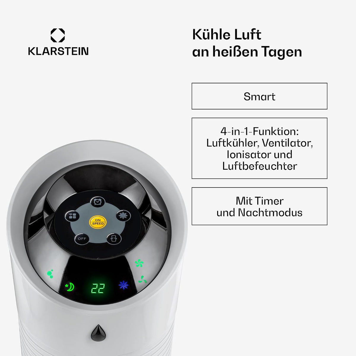 Klarstein 4-in-1: Smart Luftkühler, Ventilator, Luftbefeuchter & Ionisation I 6 L Wassertank, Oszillation, 30 W, 210 m³/h, Timer I Klimagerät ohne Abluftschlauch, Mobiles Klimagerät, Silber