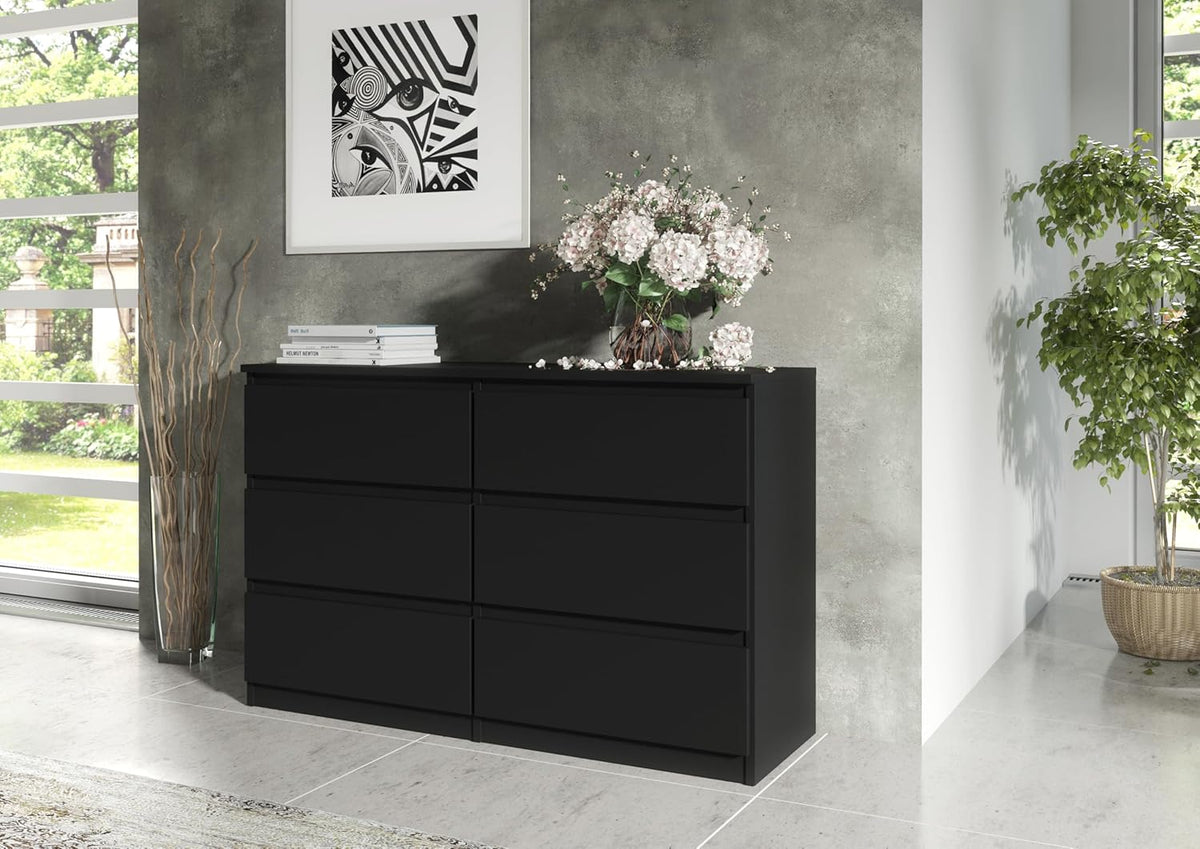 meble masztalerz Kommode 120 cm Breit - Modernes Sideboard - Schrank mit 6 Schubladen - Schubladenschrank - Kommodenschrank für Wohnzimmer, Flur, Schlafzimmer - Schwarz 120x78,5x39 cm