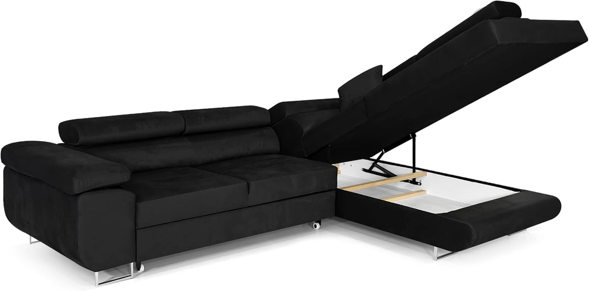 Ecksofa mit Schlaffunktion PASTI L-Form, Sofa Couch mit Bettkasten, 3-Sitzer Eckcouch, Schlafsofa für Wohnzimmer, Big Sofa Couch mit Schlaffunktion (Schwarz, Ottomane Rechts)