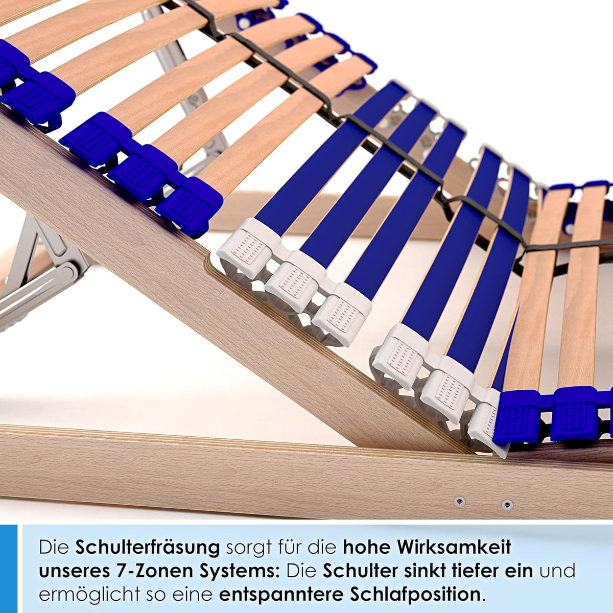 Stabiler Lattenrost 100% BUCHE - Kopf- und Fußteil verstellbar - SCHULTERFRÄSUNG, 7 Zonen, 44 Federleisten, Härte-Regulierung, Mittelgurt - Comfort 44® Vario - 100% fertig montiert (140x200cm)