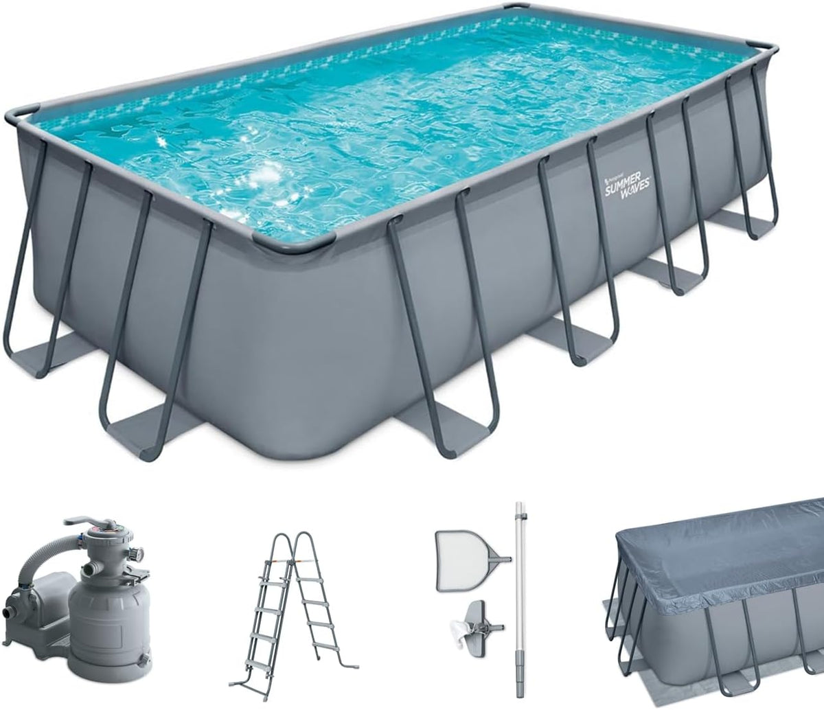 Summer Waves Frame Pool Komplettset | Rechteckig 549x274x132 cm Grau | Aufstellpool Set | Gartenpool & Schwimmbecken inkl. Sandfilterpumpe, Bodenvlies, Abdeckplane & Einstiegsleiter