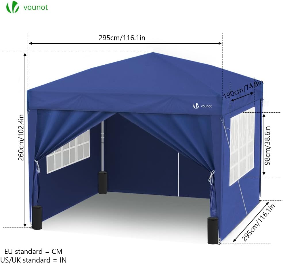 VOUNOT® Carpa Plegable Gazebo 3x3m con 4 Paredes y 4 Bolsas de Arena, Cenador Pabellón de Jardín para Camping, Fiestas, Exterior, Color Azul