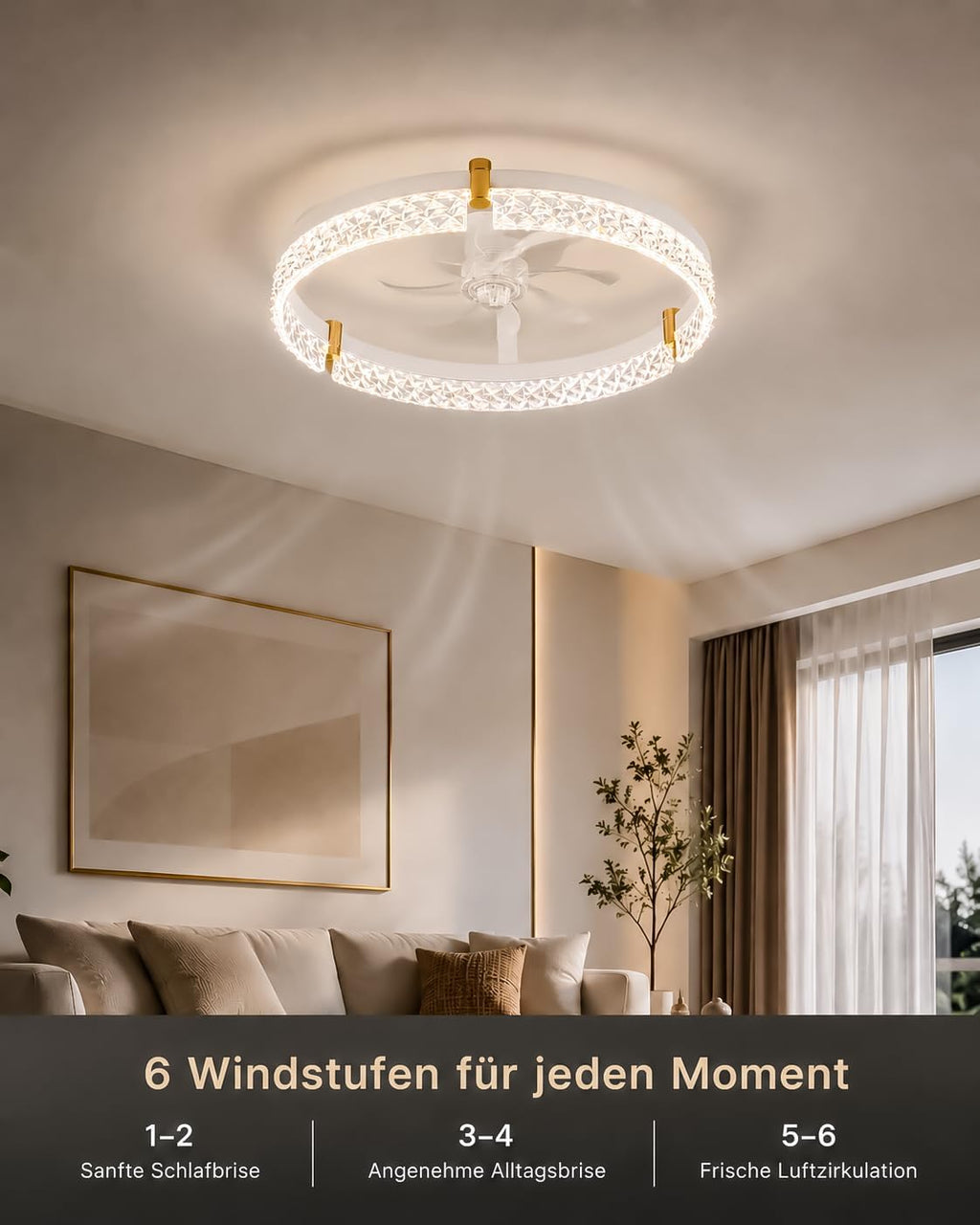 Airwit 50cm Deckenventilator mit Beleuchtung, Lampe mit Ventilator in Glasoptik, Deckenlampe mit Ventilator leise dimmbar, 3000K-6000K stufenlos, 6 Windstufen, Timer 1/2/4H, App Fernbedienung, Weiß