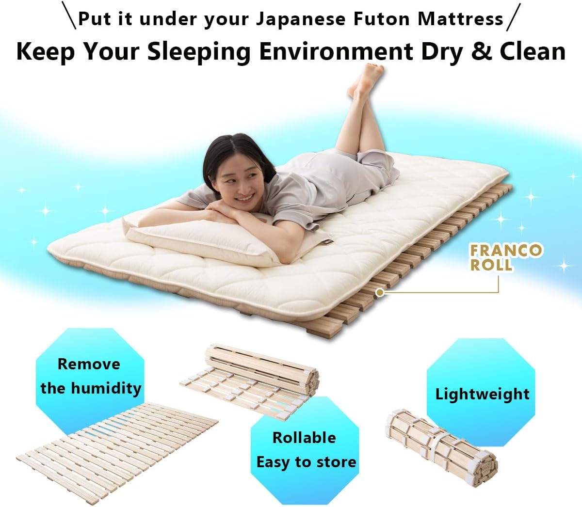 EMOOR Rolllatten Futonbett Einzel Größe (100 x 200 cm), Franco-ROLL für Japanische Boden-Futon-Matratze, Holz Paulownia Boden Unlackiert Natürlich Schlafbettwäsche Gäste Tatami-Matte