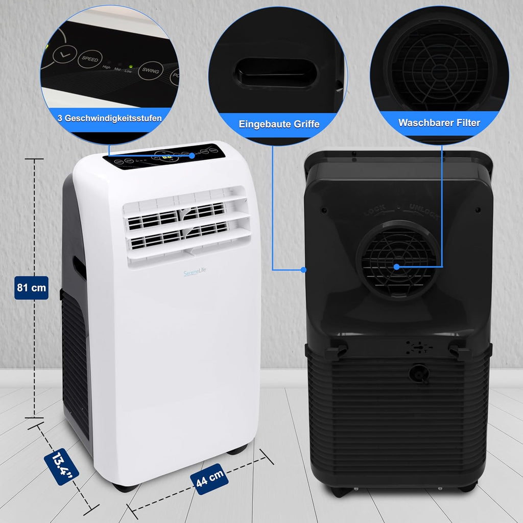 SereneLife Mini Klimaanlage mobil, 3-in-1 mobiles Klimagerät mit Abluftschlauch – Luftkühler, Luftentfeuchter & Ventilator, Air conditioner – 9.000 BTU, 1,5L Feuchtigkeit/Stunde, kühlt Räume bis 42 m2