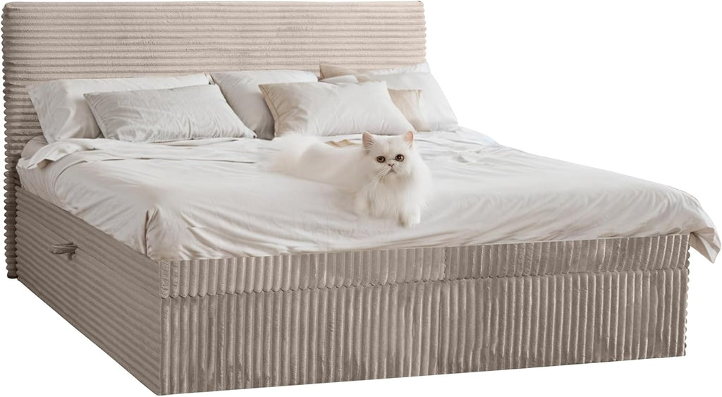 Kaiser Möbel - Bett 120x200 cm, Boxspringbett mit Bettkasten und Topper, Cord Schlafzimmerbett, Doppelbett mit Stauraum und Gepolstertes Kopfteil, Toppermatratze aus Viscoschaum - Trento - Beige