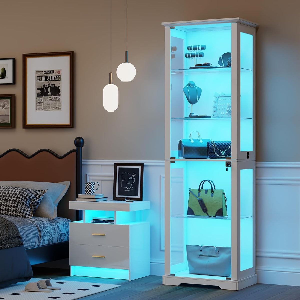Lvifur Glasvitrine mit LED Beleuchtung und Glastüren für Wohnzimmer Schlafzimmer,40×50×180cm 5-Lagen Vitrinenschrank Vitrine mit Intelligente Sensorik für Sammlerstücke,Wein,Weiß