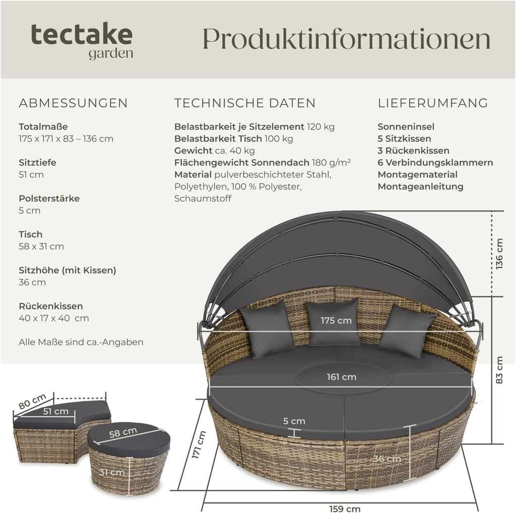 tectake® Lounge Muschel Sonneninsel Outdoor wetterfest, Gartenmuschel, Sonnenliege 2 Personen und mehr, multifunktionales Terrasse oder Balkon Möbel, Gartenliege wetterfest - Natur