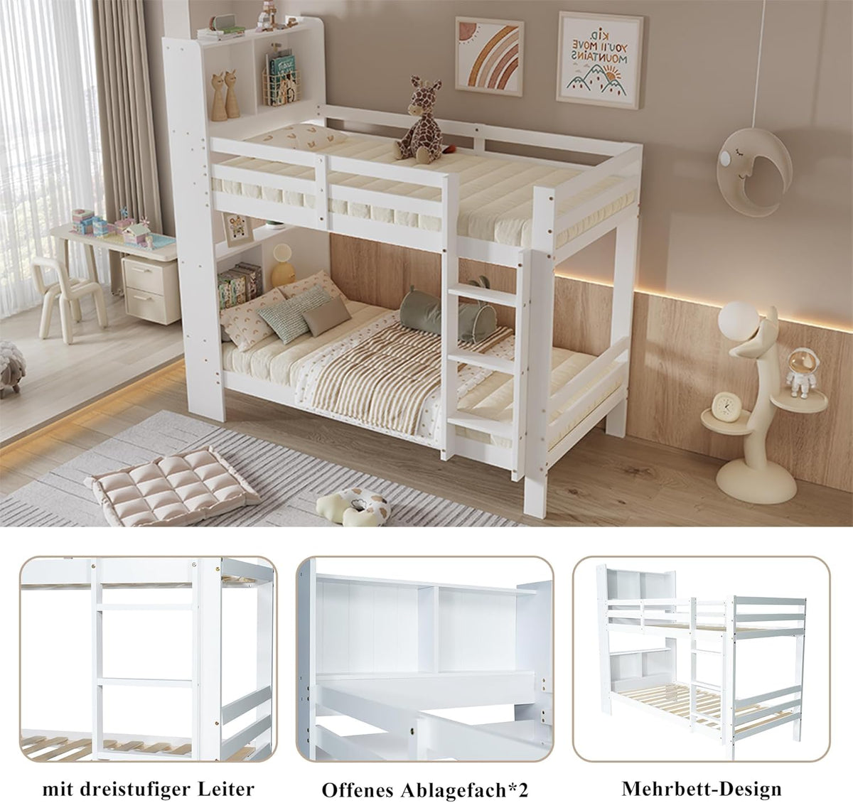 Kinderbett 90x200 mit Regalen und Leiter, Funktionsbett Etagenbett für 2 Kinder, Stockbett Hochbett Jugendhochbett mit Stauraum und Lattenrost,Jugendbett Bettrahmen aus Massivholz,ohne matratze,Weiß