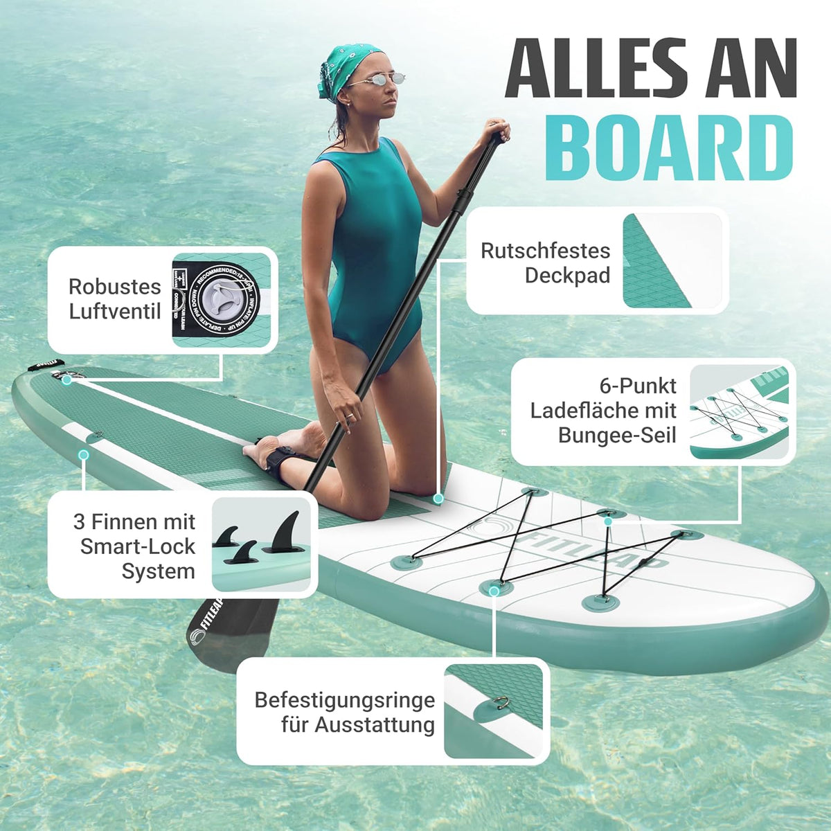 Premium Stand Up Paddle Board aufblasbar - SUP Board Set mit Hochdruckpumpe, verstellbarem Paddel und Rucksack - Ideal für Anfänger und Profis - Perfekt für Yoga, Surfen und Wassersport