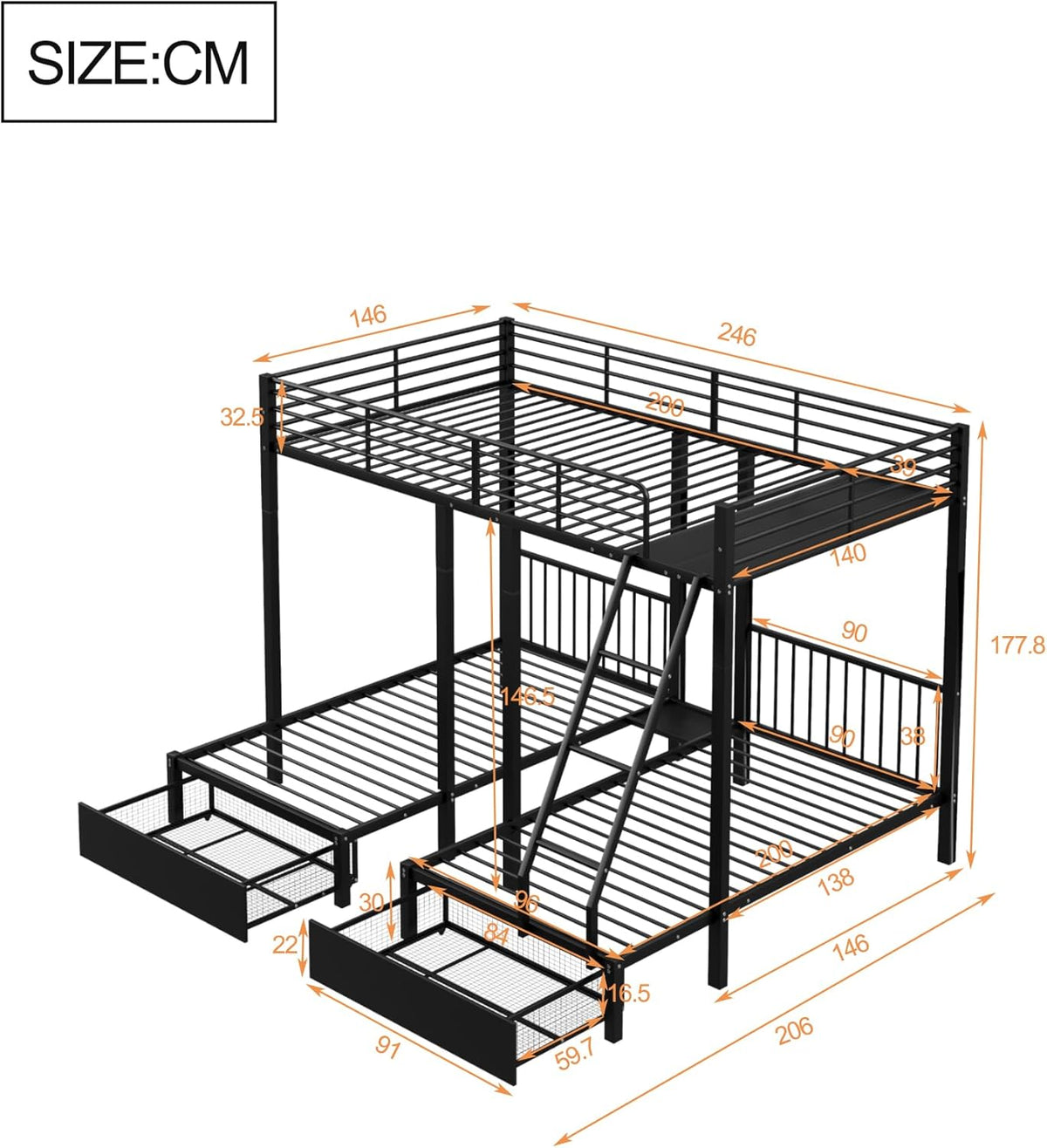 Dreifaches Etagenbett mit Schubladen, Metallbettrahmen, umwandelbar in 140 x 200 Doppelbett und Zwei 90 x 200 Einzelbetten, multifunktionales Metallrahmenbett, Schwarz