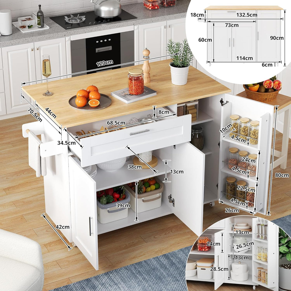 Mobiler Küchentisch, Arbeitsplatte Klappbar, Eiche Maserung, Multifunktionaler Schrank, Gewürzregal, Handtuchhalter, 5 Rollen, Weiß Geeignet für Küche/Essen/Haus