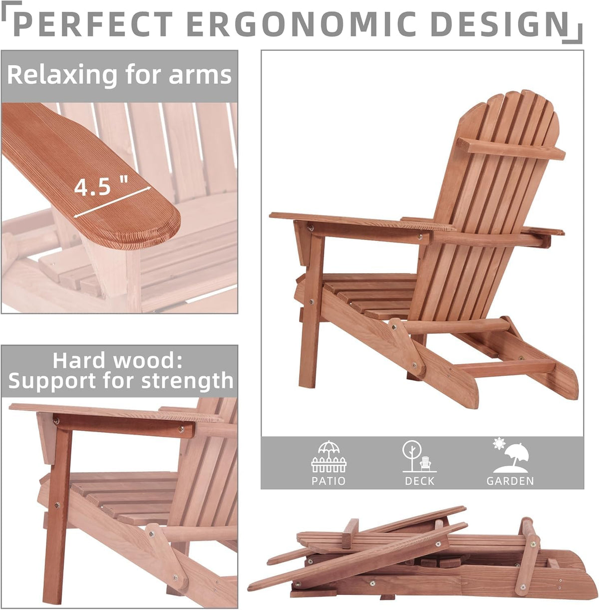 SoliWood Adirondack Stuhl 2er-Set, Gartenstuhl Holz Klappbar & Gartensessel Wetterfest, Outdoor Stuhl mit Rückenlehne und Armlehnen für Veranda, Garten & Pool