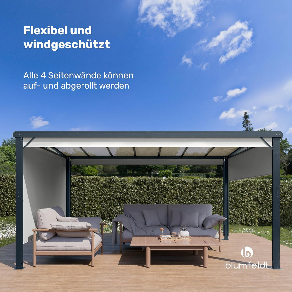 blumfeldt Pergola 3x4 m, Überdachung Mit Polycarbonatdach & Einziehbaren Seitenwänden, Pulverbeschichteter Aluminiumrahmen, Wetterfest & Stabil, Einfacher Aufbau, Winterfest