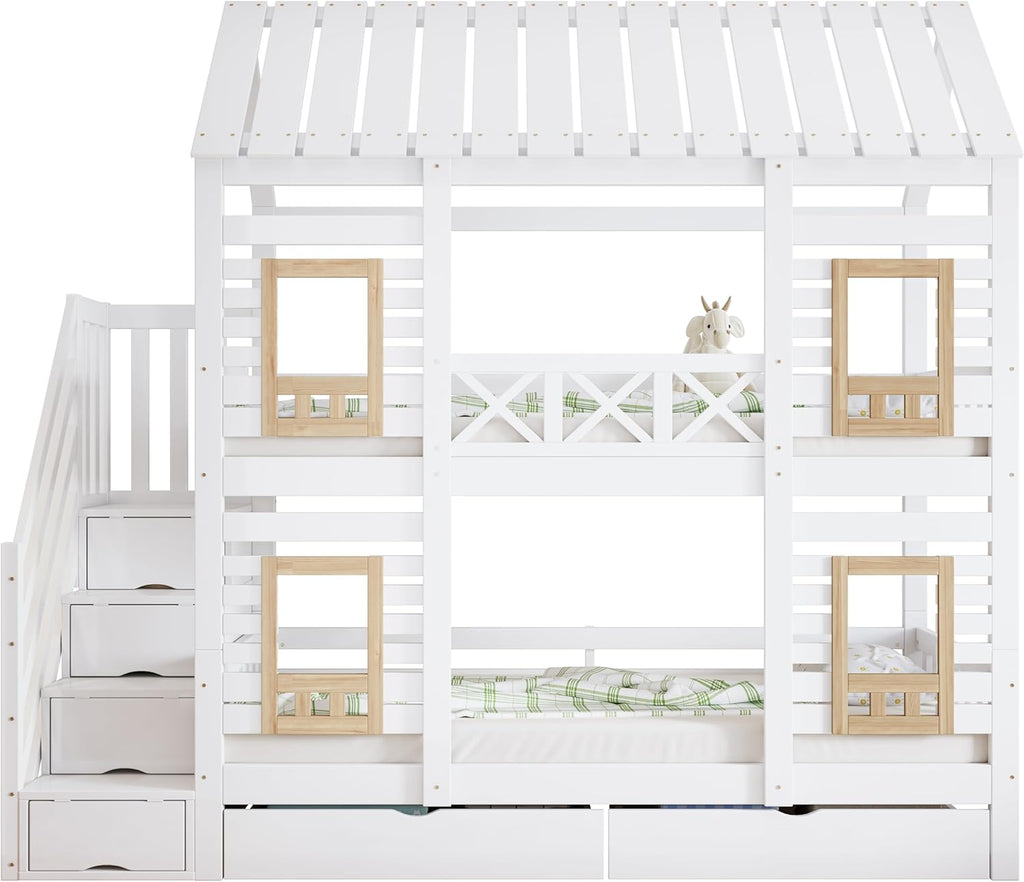 Kinderbett Etagenbett 90 x 200, Hausbett für 2 Kinder, Hochbett mit Lattenrost, Treppe mit 4 Ablagefächern, Rausfallschutz, Zwei Schubladen mit Rollen, Baumhaus Bett mit Fenster und Dach