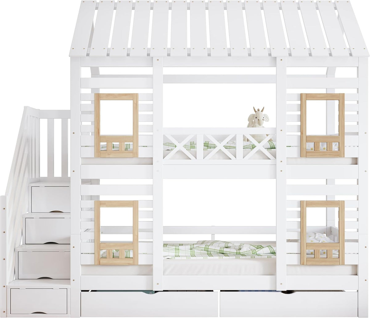 Kinderbett Etagenbett 90 x 200, Hausbett für 2 Kinder, Hochbett mit Lattenrost, Treppe mit 4 Ablagefächern, Rausfallschutz, Zwei Schubladen mit Rollen, Baumhaus Bett mit Fenster und Dach