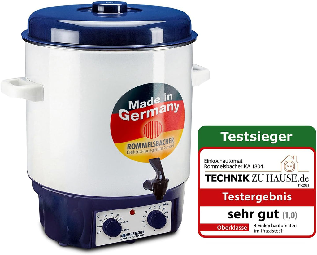 ROMMELSBACHER Glühwein-/Einkochvollautomat KA 1804, MADE IN GERMANY, 2-Schicht-Emaillierung, 27 Liter/für 14 Gläser à 1 Liter, stufenlos regelbar, Entsafterschaltung, Zeitschaltuhr, Ablaufhahn, 1800 W