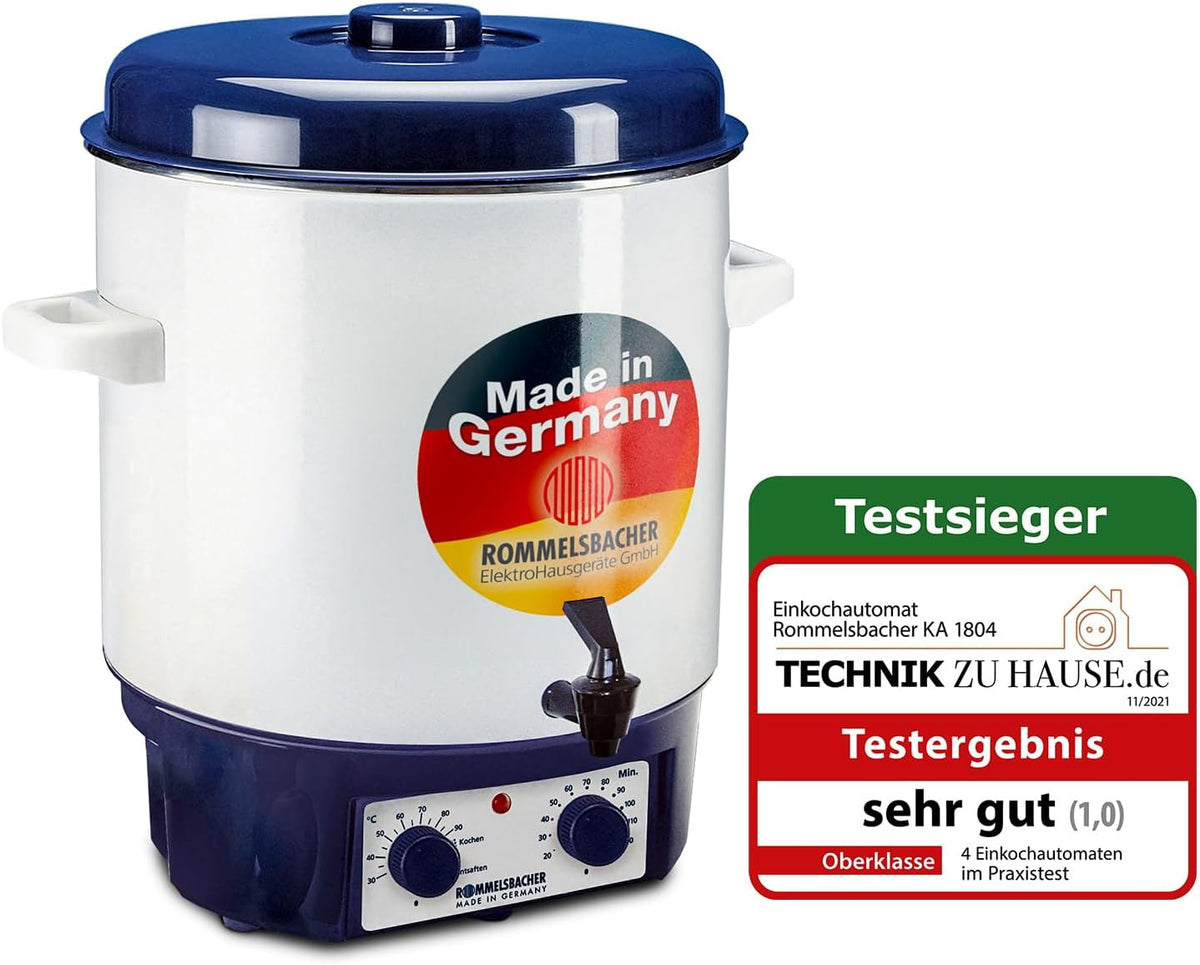 ROMMELSBACHER Glühwein-/Einkochvollautomat KA 1804, MADE IN GERMANY, 2-Schicht-Emaillierung, 27 Liter/für 14 Gläser à 1 Liter, stufenlos regelbar, Entsafterschaltung, Zeitschaltuhr, Ablaufhahn, 1800 W