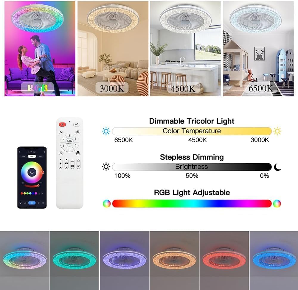 Smarte Deckenventilator mit Beleuchtung Kompatibel mit Alexa und Google Assistant RGB Deckenleuchte mit Ventilator Dimmbar mit Fernbedienung Leiser Fan Deckenlampe für Schlafzimmer Wohnzimmer Ø50CM