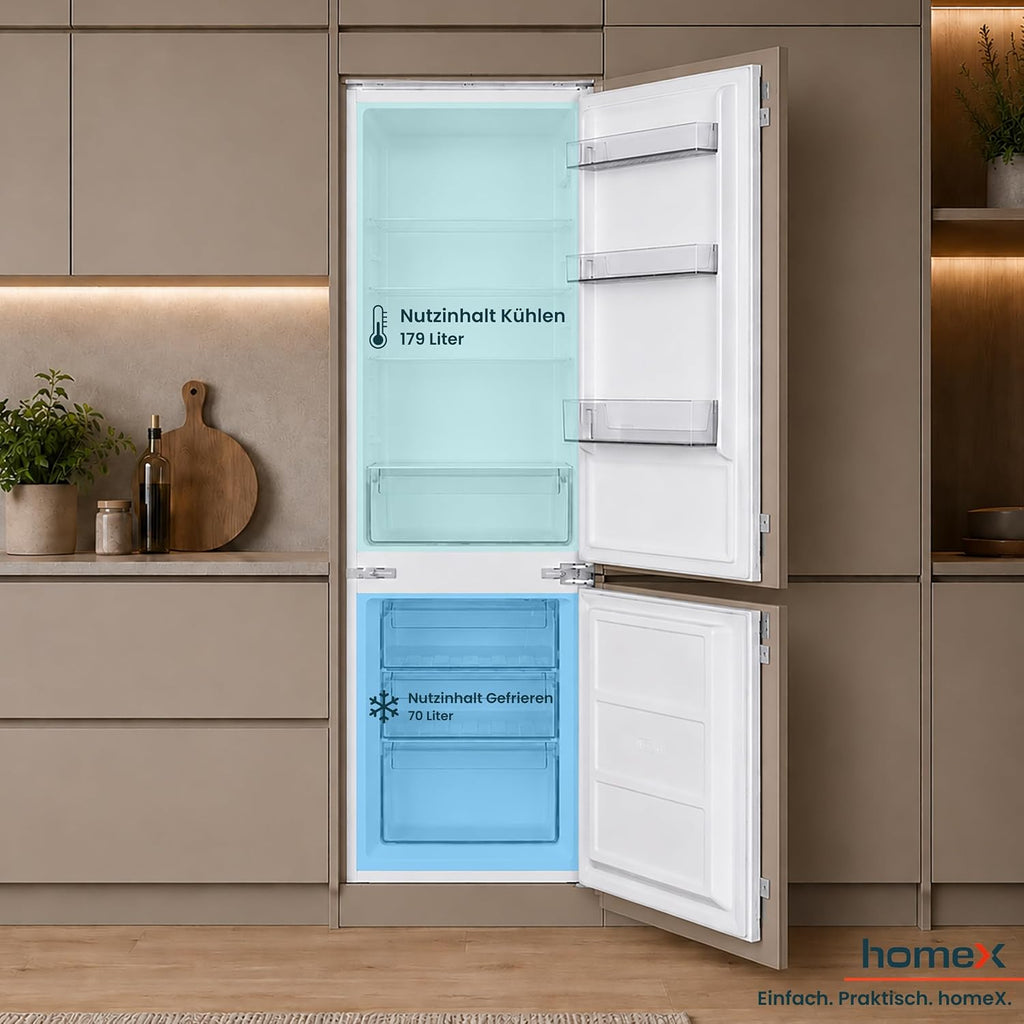 homeX CFB2491E Einbaukühlschrank mit Gefrierfach, Einbau Kühl Gefrierkombination, 178cm Nische - 249 Liter, Schlepptürtechnik, LED-Beleuchtung, leise 39 dB, Türanschlag wechselbar, 4-Sterne Gefrieren
