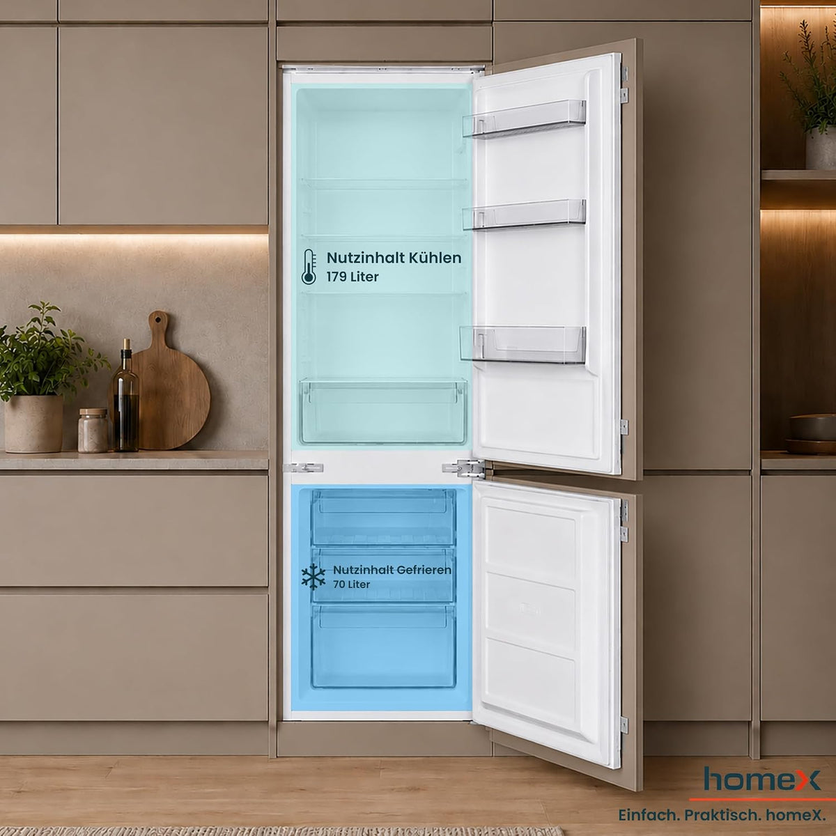 homeX CFB2491E Einbaukühlschrank mit Gefrierfach, Einbau Kühl Gefrierkombination, 178cm Nische - 249 Liter, Schlepptürtechnik, LED-Beleuchtung, leise 39 dB, Türanschlag wechselbar, 4-Sterne Gefrieren