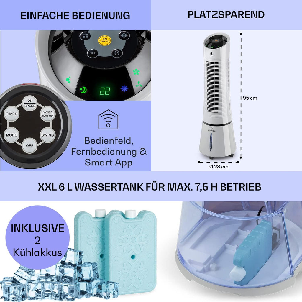 Klarstein 4-in-1: Smart Luftkühler, Ventilator, Luftbefeuchter & Ionisation I 6 L Wassertank, Oszillation, 30 W, 210 m³/h, Timer I Klimagerät ohne Abluftschlauch, Mobiles Klimagerät, Schwarz-Rosegold
