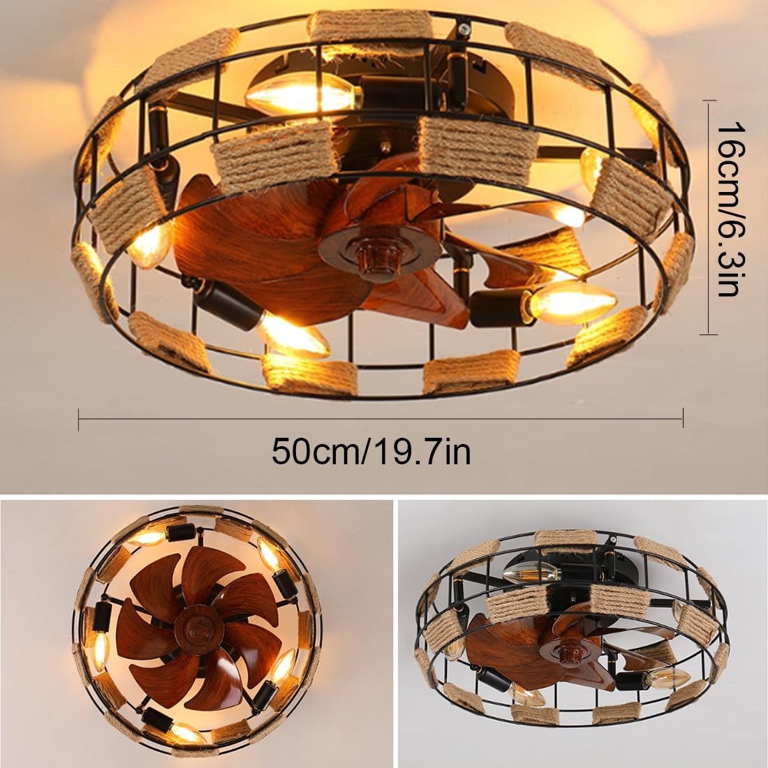 Deckenventilator Mit Beleuchtung, Leise Timer Vintage E27 Deckenlampe Mit Ventilator, Eisenkunst+Hanfseil Ventilator Retro 46W Deckenleuchte, 6-Gang-Einstellung, Für Schlafzimmer Wohnzimmer Esszimme