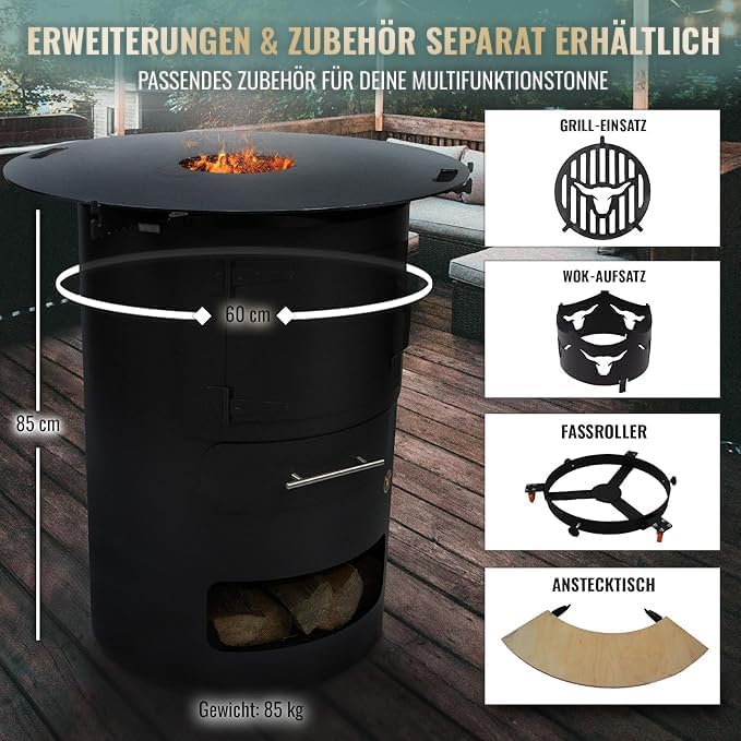 Komplettset – Multifunktionstonne mit 100cm Feuerplatte in 8mm Stärke #2001 – Feuerkorb & Zubehör – A. Weyck Tools Vielseitige Dutch Oven Station, Feuertonne & Grillfass – Hitzebeständig bis 700 Grad