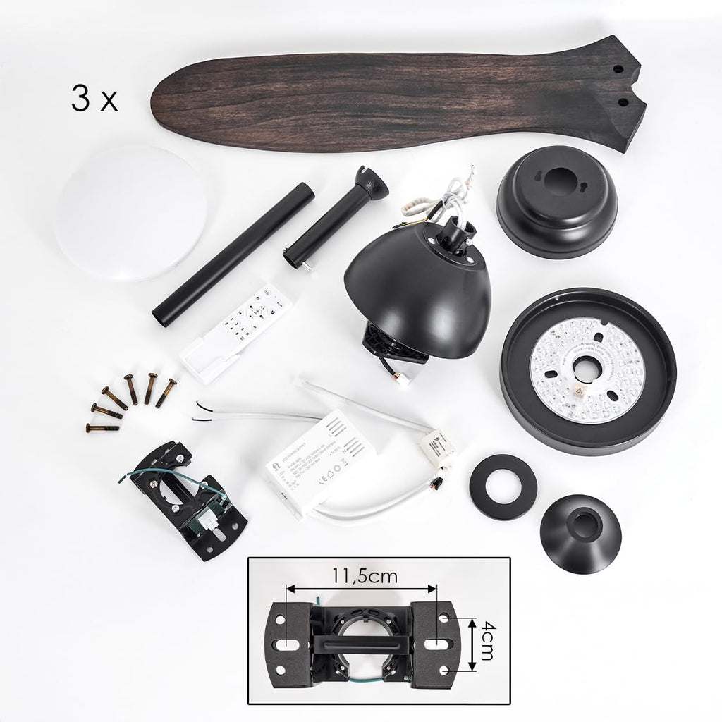 LED Deckenventilator Mosstena, dimmbare Deckenlampe mit Ventilator aus Metall/Holz in Schwarz/Mahagoni/Holz dunkel/Weiß, Auf-/Abwind, 6 Stufen, CCT, Fernbedienung, Wohnzimmer, Schlafzimmer, Büro