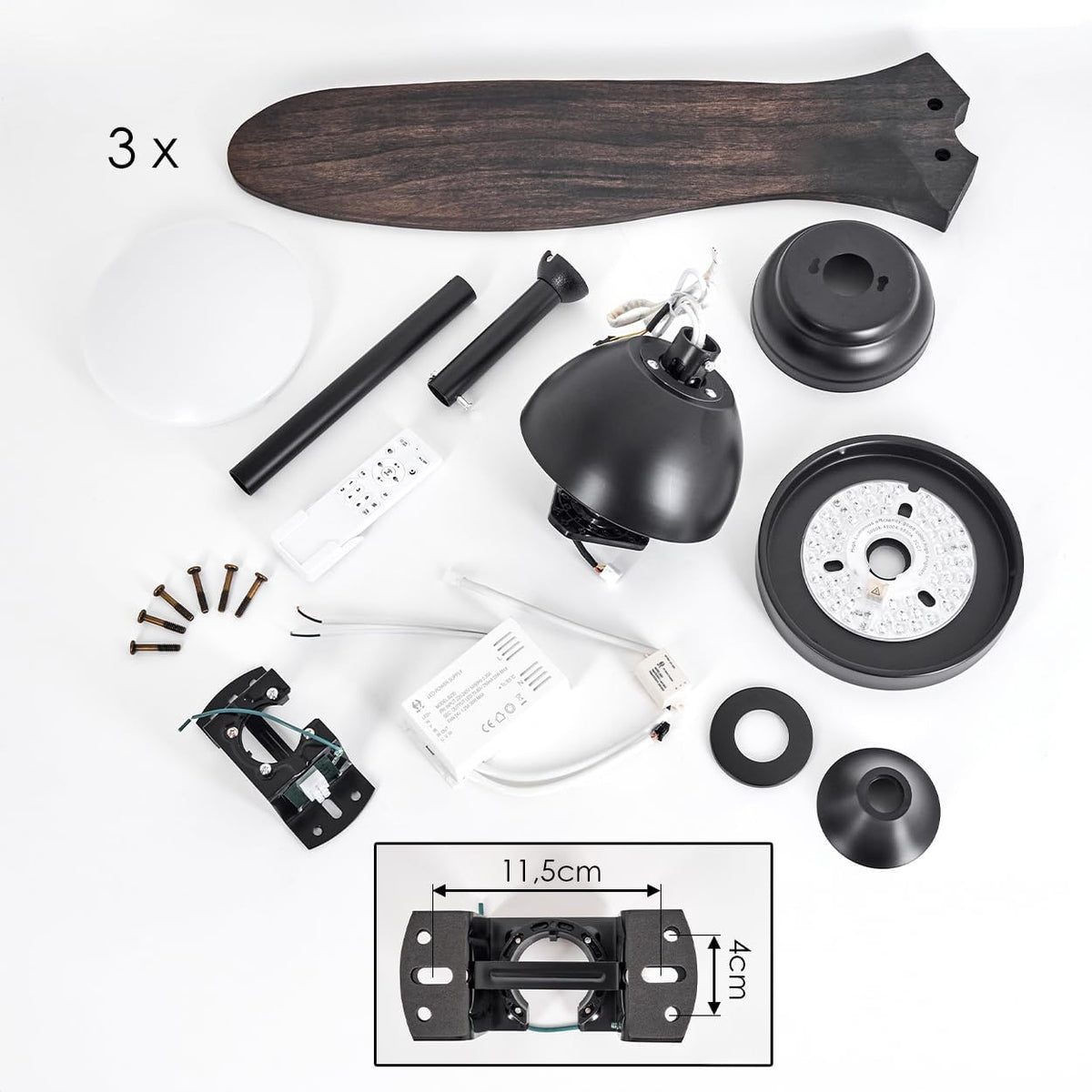 LED Deckenventilator Mosstena, dimmbare Deckenlampe mit Ventilator aus Metall/Holz in Schwarz/Mahagoni/Holz dunkel/Weiß, Auf-/Abwind, 6 Stufen, CCT, Fernbedienung, Wohnzimmer, Schlafzimmer, Büro