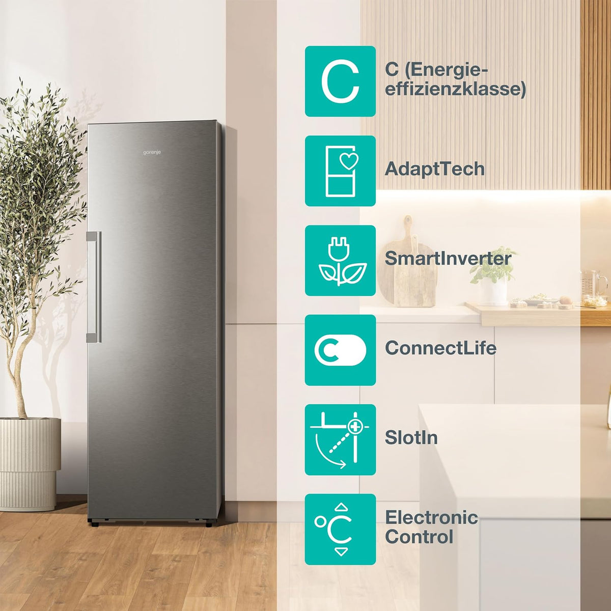 Gorenje RN618C6X6WF Kühlschrank, 372 Liter, SmartFit, 185cm Höhe, CrispZone mit Feuchteregler, Wifi, Flaschenhalter, Easy-open Griff, Inverter, BxHxT: 59,5×185,6×60 cm, Edelstahl