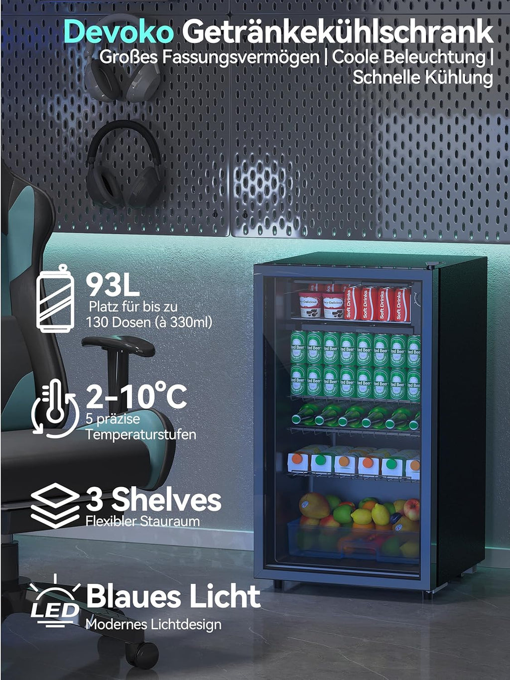 Devoko 93L Getränkekühlschrank für bis zu 130 Dosen, mit Glastür und LED-Innenbeleuchtung. Inklusive höhenverstellbarer Regale für Cola, Bier und Wein. Ideal für Haushalt und Büro in Schwarz.
