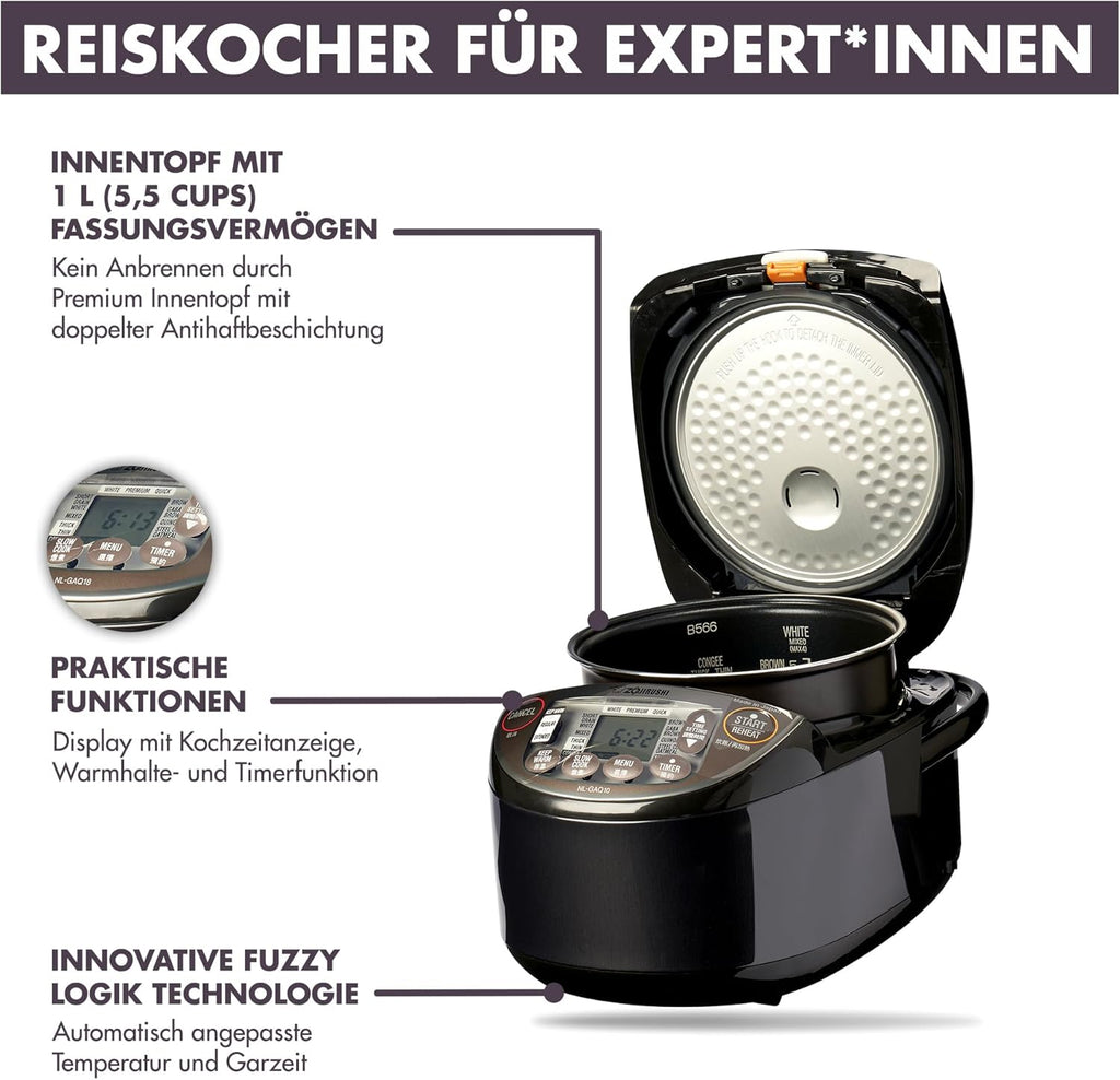 ZOJIRUSHI Premium Reiskocher NL-GAQ10 – 1,0 Liter – mit Warmhaltefunktion – inkl. Messbecher, Reislöffel und Dämpfeinsatz - Mit europäischem Netzkabel