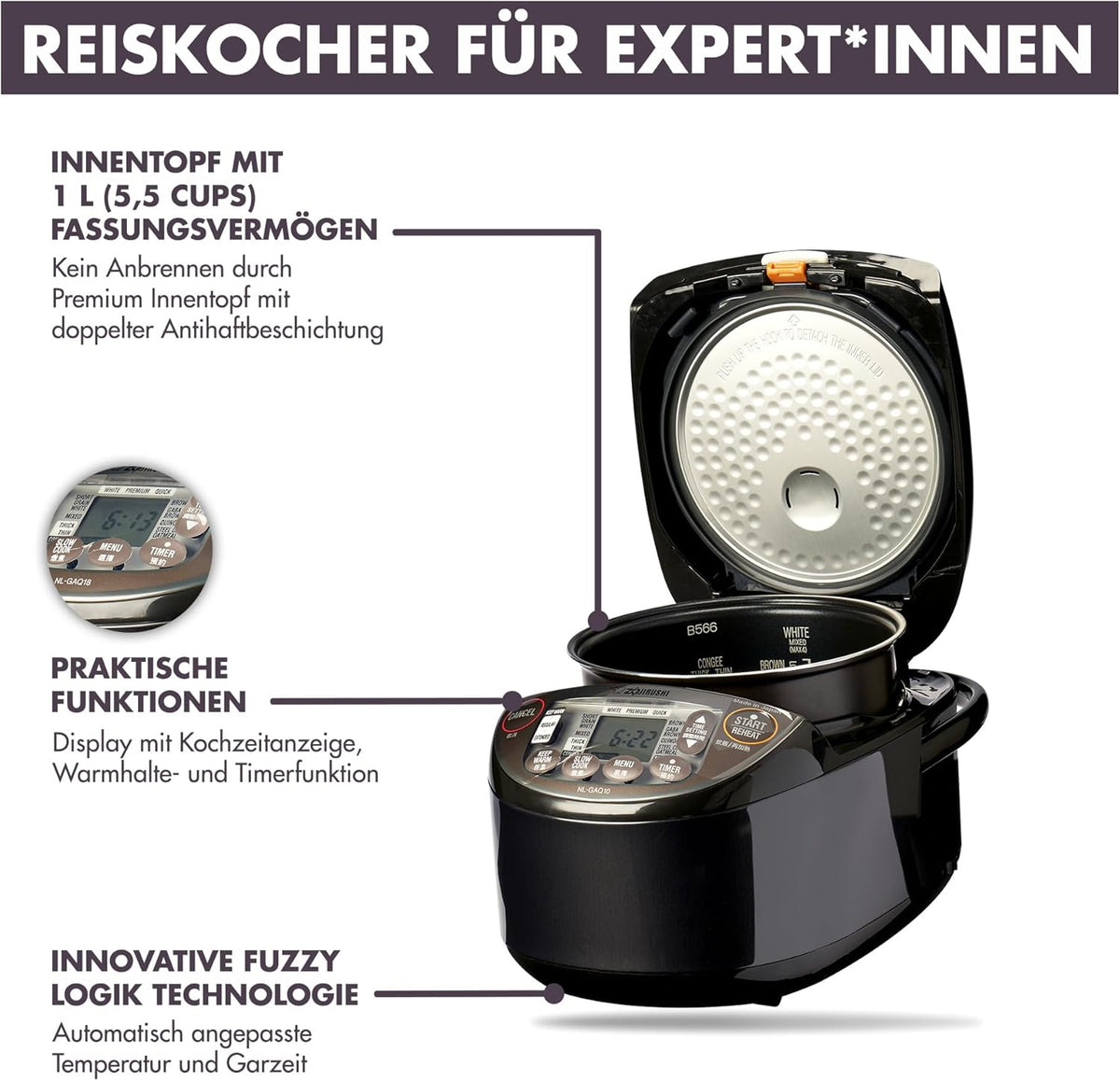 ZOJIRUSHI Premium Reiskocher NL-GAQ10 – 1,0 Liter – mit Warmhaltefunktion – inkl. Messbecher, Reislöffel und Dämpfeinsatz - Mit europäischem Netzkabel