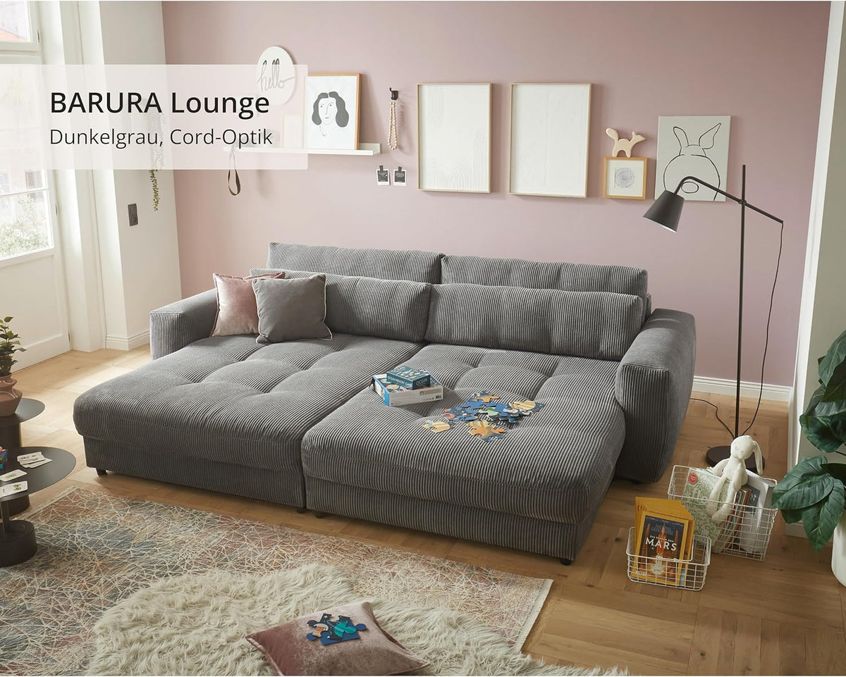 Big Sofa BARURA Cord dunkelgrau – XXL Couch mit großer Liegefläche, modernes Sofa 292x194 cm inklusive Nierenkissen