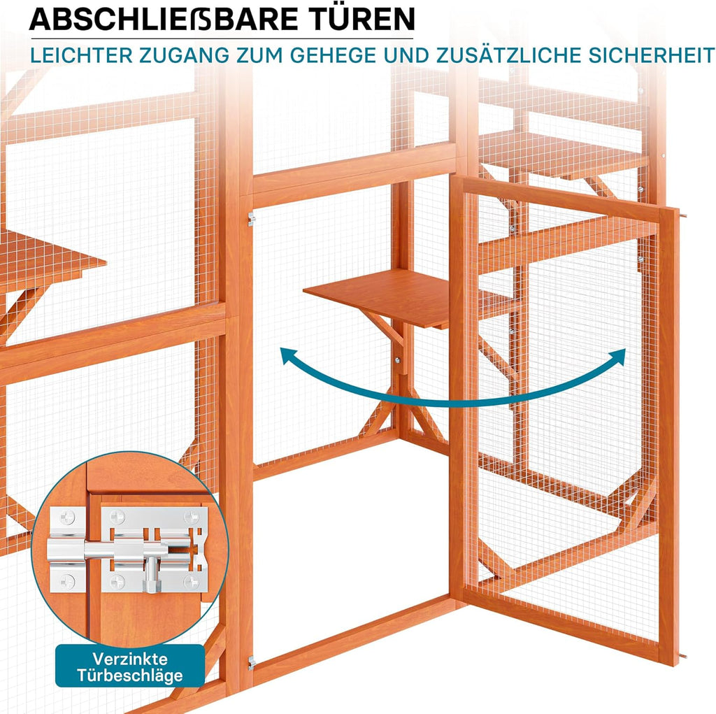Wiltec Freilaufgehege Katzen 168 x 82 x 166,5 cm mit 6 Liegeflächen, wetterfestes Katzengehege Garten, Katzenhaus mit Drahtgitter und Bitumen Dach