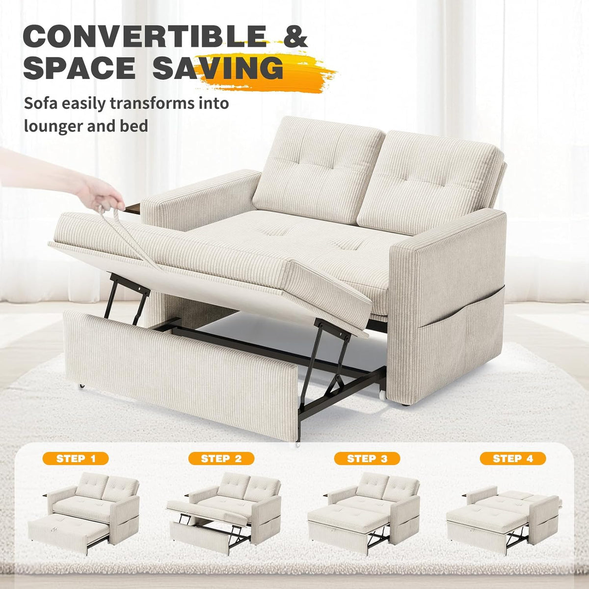 YOUDENOVA Sofá Cama 3 en 1, Sillón Cama multifunción, Sofá reclinable con Respaldo Regulable en 5 Posiciones, Sofá Cama para 2 Personas con Mesa y Bolsillos Laterales, Pana Beige