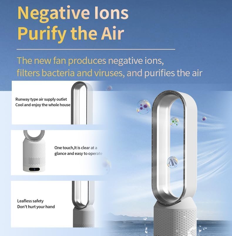 Ventilator ohne Schaufel, leiser Säulenventilator, 90° Oszillation und 8 Geschwindigkeitsstufen, Ventilator ohne Flügel, mit Fernbedienung und Touchscreen, Luftreinigung, für Schlafzimmer (blau)