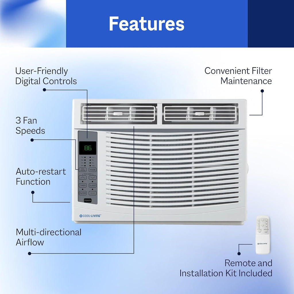 Cool-Living - 6000 BTU Raumklimaanlage mit Installationsset und Fernbedienung, erfrischt Räume bis zu 250 Quadratmeter, Weiß