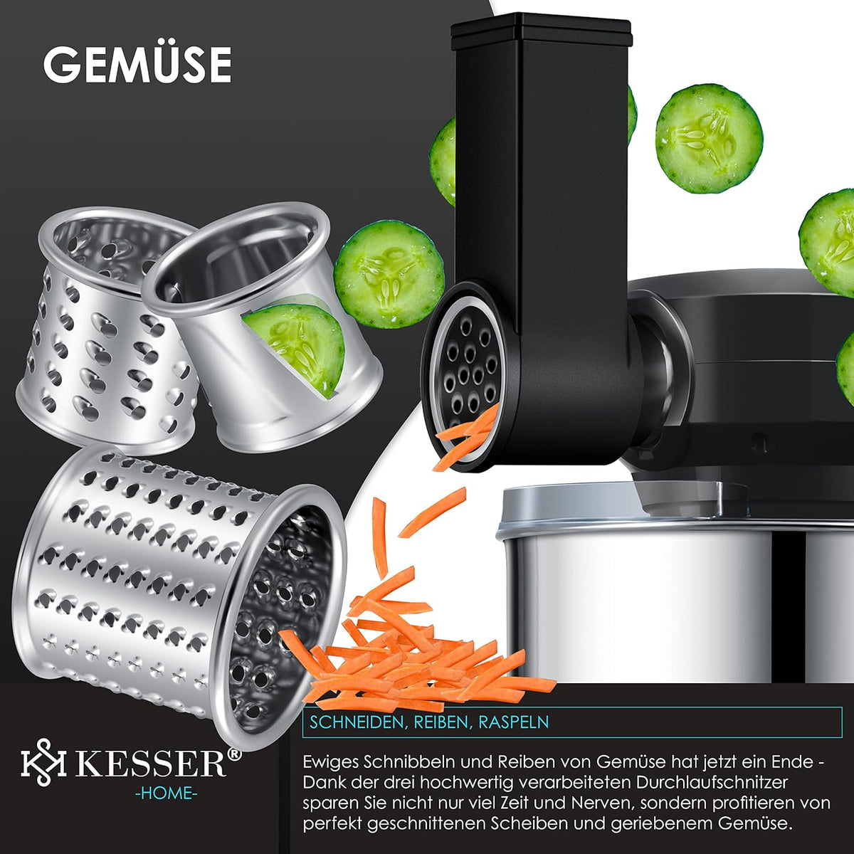KESSER® 3 in 1 Universal Küchenmaschine K-KM 3000 mit Fleischwolf Knetmaschine Multifunktionale Rührmaschine 5,5L Schüssel mit 3 Rührwerkzeuge, 1,5L Entsafter, Zubehör-Set, Pasta & Gebäckformen