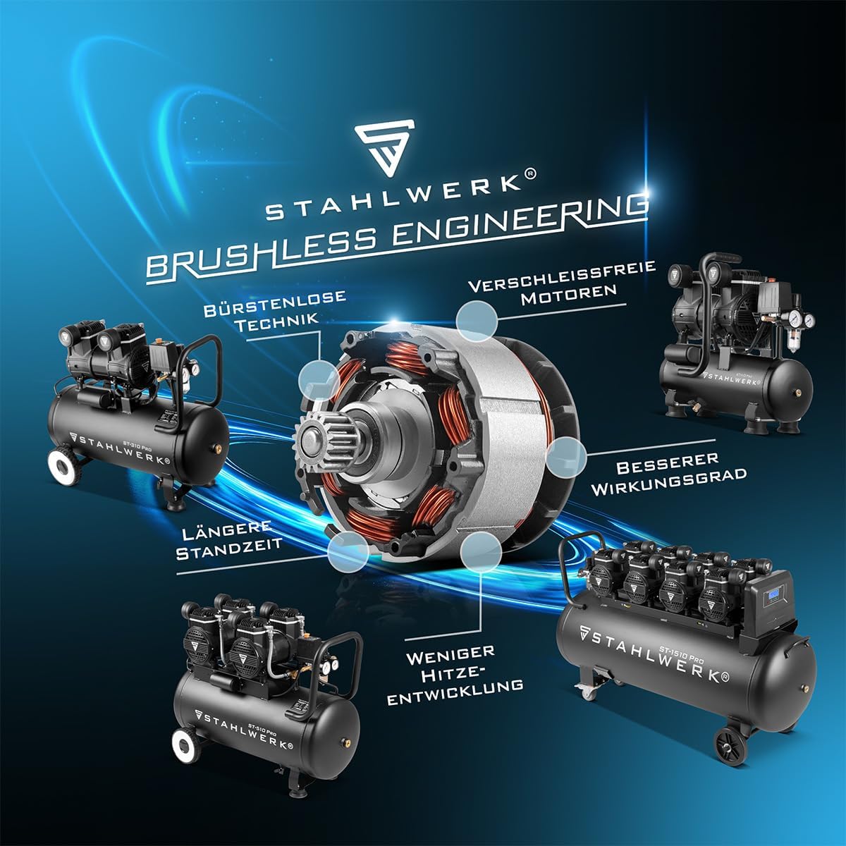 STAHLWERK Kompressor 50 L Tank (ST-510 Pro) - Vollausstattung mit Zubehör - ölfrei  und  leise, 10 bar, Druckluftkompressor mit Brushless-Motoren, 3,94 PS, 2,9 kW, 500 l/min, Silent-/Flüsterkompressor