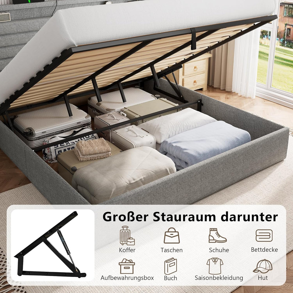 FEONASE Bett 180x200 mit Stauraum, Polsterbett 180x200 cm mit LED-Beleuchtung & Ladestation, Bettgestell mit Hydraulischem und Leinen Kopfteil Stauraum, Lattenrost, Ohne Matratze, Hellgrau