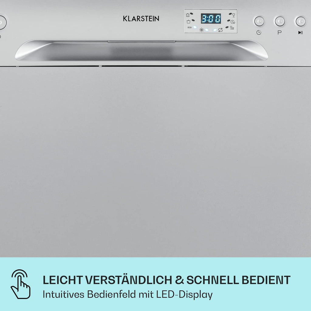 Klarstein  ia 8 - Spülmaschine, Geschirrspüler, Freistehend, Teilintegriert, F, 55 cm breit, 8 Maßgedecke, 6 Programme, Aquastop, silber