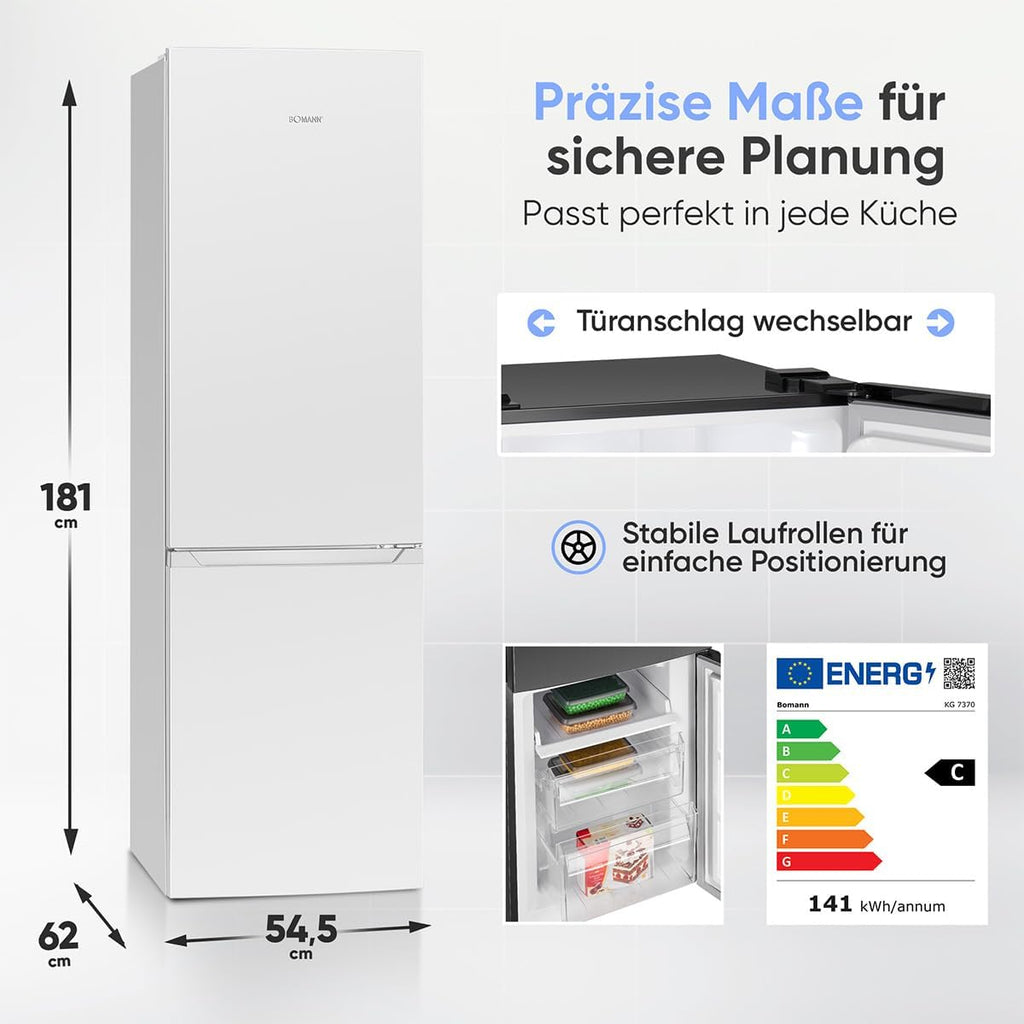 Bomann® Kühlschrank mit Gefrierfach | Energieklasse C | 181cm | NoFrost | 5 Jahre Kompressor-Garantie | Kühl Gefrierkombination No-Frost | Kühlgefrierkombination freistehend | KG 7370 weiß