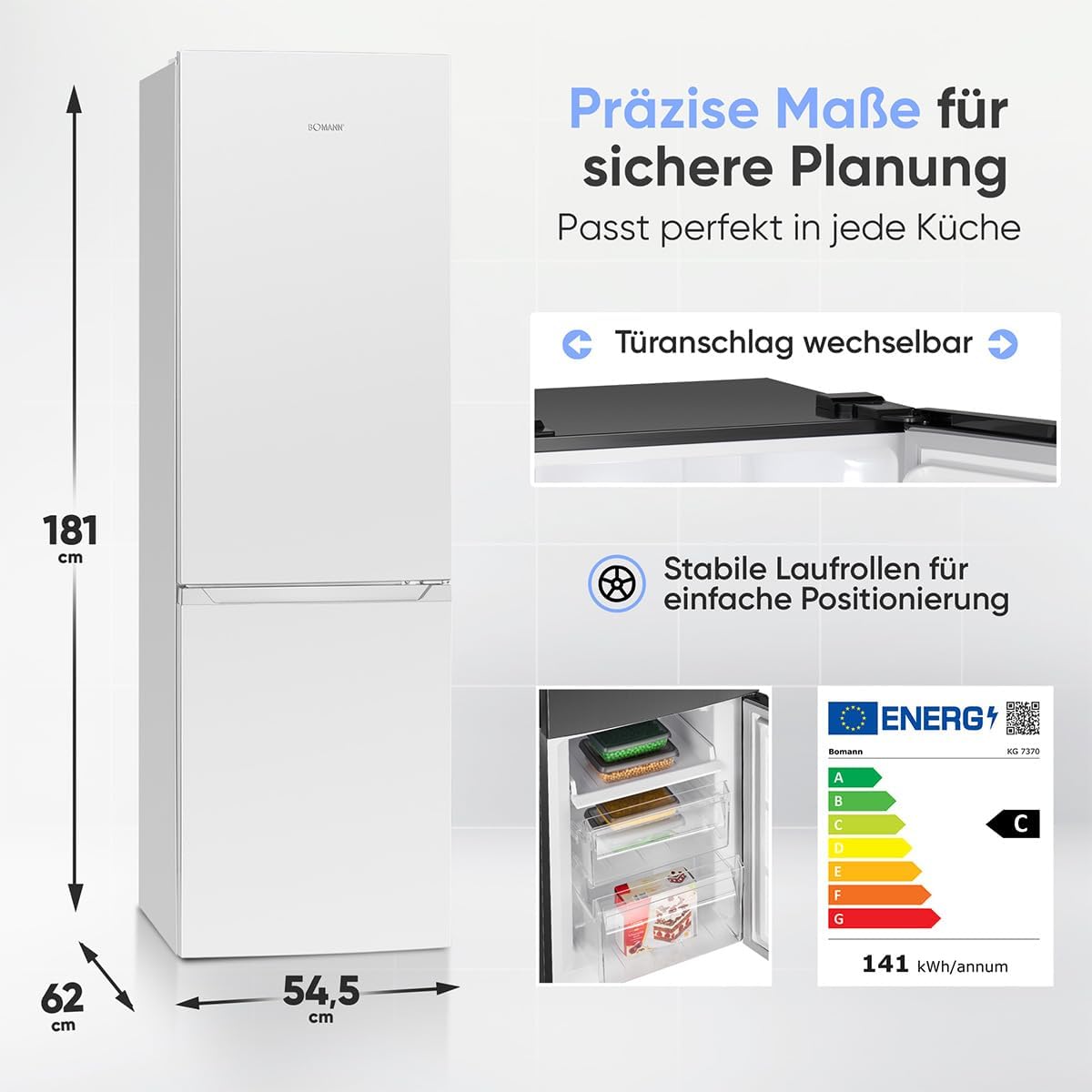 Bomann® Kühlschrank mit Gefrierfach | Energieklasse C | 181cm | NoFrost | 5 Jahre Kompressor-Garantie | Kühl Gefrierkombination No-Frost | Kühlgefrierkombination freistehend | KG 7370 weiß